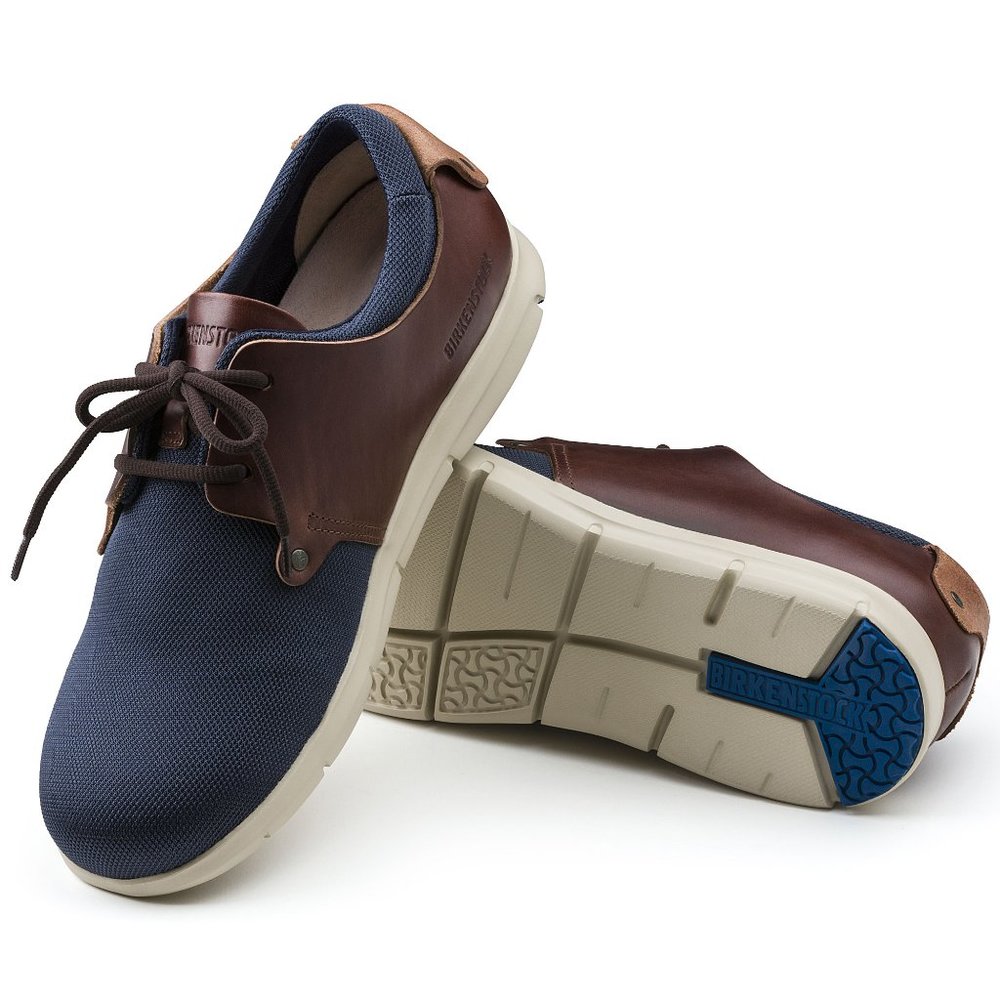 BIRKENSTOCK SHOES BLUE BROWN LETHER PULL UP UPPER TEXTILE MENS NEW